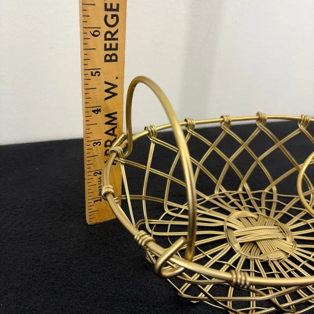 Gold Tone Woven Metal Wire Oval Decorative Basket Catchall Brass Lattice Handles